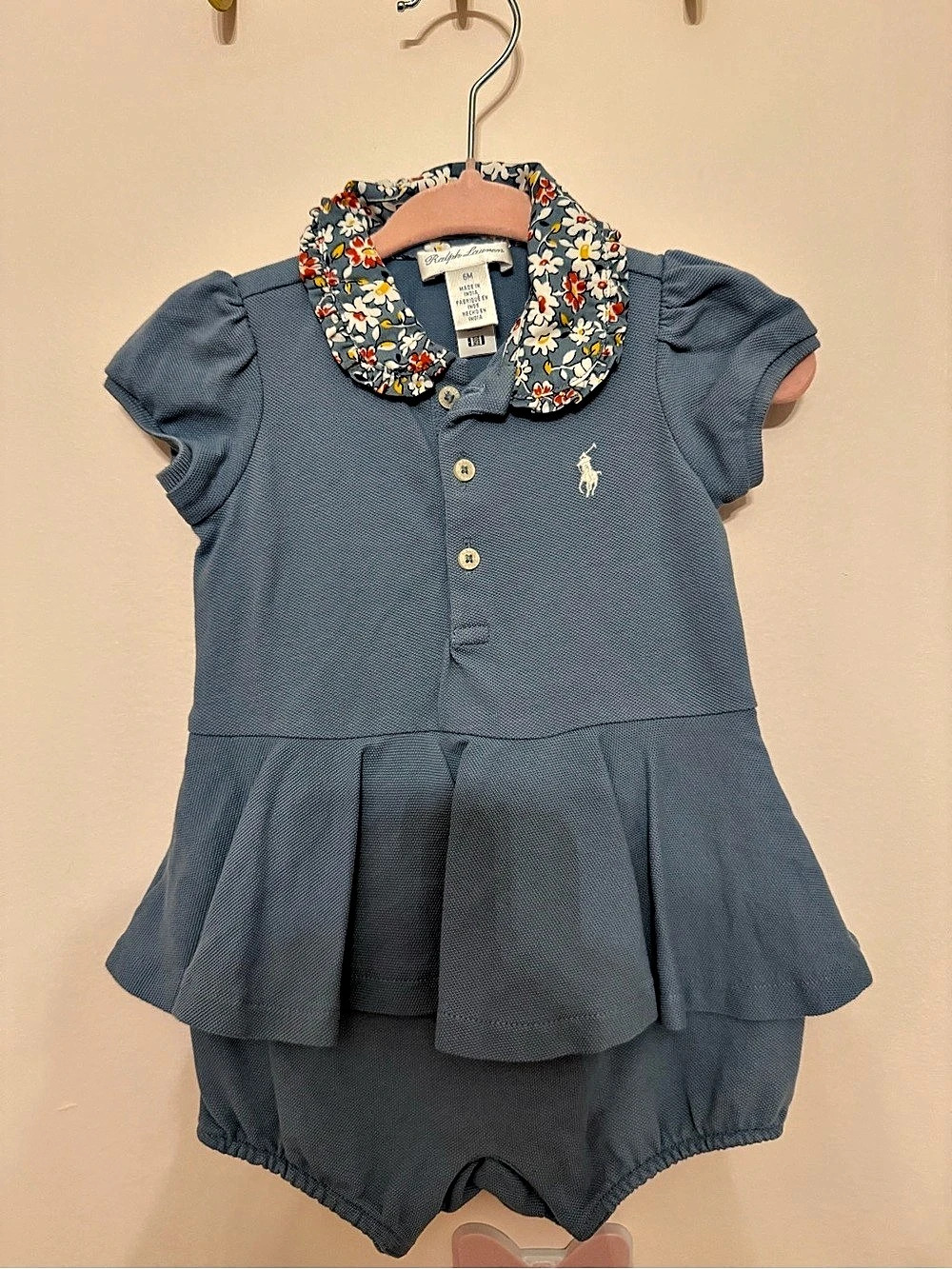 Ralph Lauren Floral Collar Polo Romper Blue